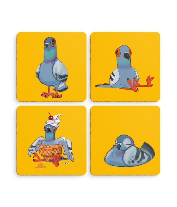 Pack of 4 Coasters Dave the pigeon yellow coasters set Ellen S Artwork