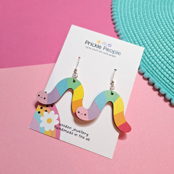 Prickle People - Rainbow Worm Dangle Earrings, Wooden, Cute