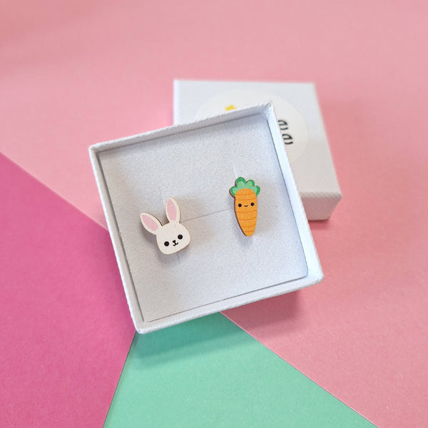 Prickle People - Easter Bunny and Carrot Stud Earrings, Wood Jewelry, Kawaii