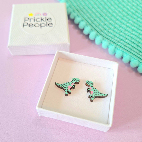 Prickle People - Turquoise Retro T-rex Dinosaur Stud Earrings