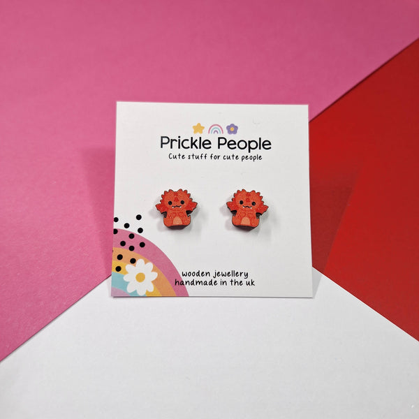 Prickle People - Cute Dragon Stud Earrings - Kawaii Eco Wood Welsh Gift