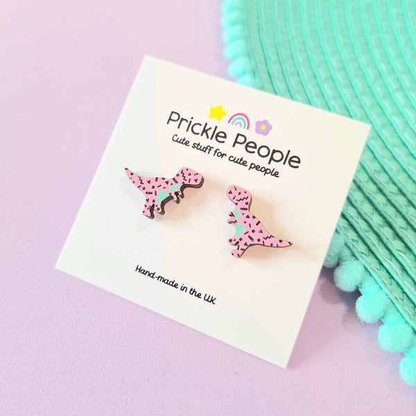 Prickle People - Pink Retro T-rex Dinosaur Stud Earrings