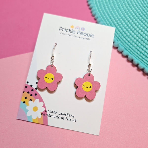 Prickle People - Cute Pink Flower Dangle Earrings, Wooden, Kawaii