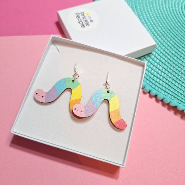 Prickle People - Rainbow Worm Dangle Earrings, Wooden, Cute