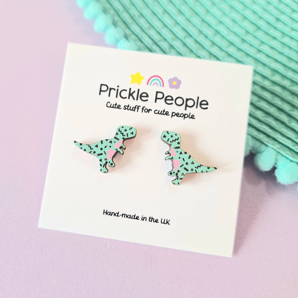Prickle People - Turquoise Retro T-rex Dinosaur Stud Earrings