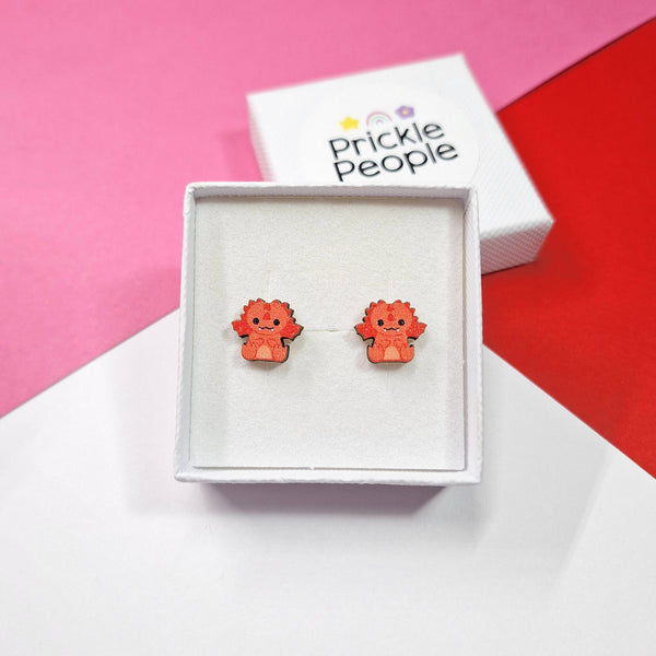 Prickle People - Cute Dragon Stud Earrings - Kawaii Eco Wood Welsh Gift