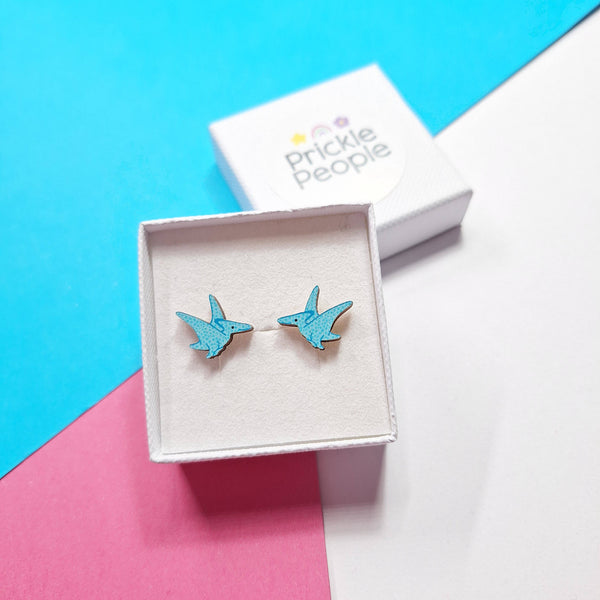 Prickle People - Blue Pterodactyl Dinosaur Stud earrings