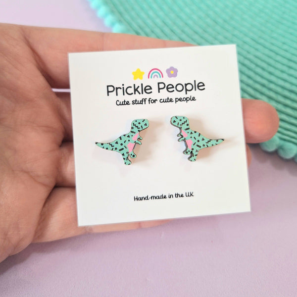 Prickle People - Turquoise Retro T-rex Dinosaur Stud Earrings