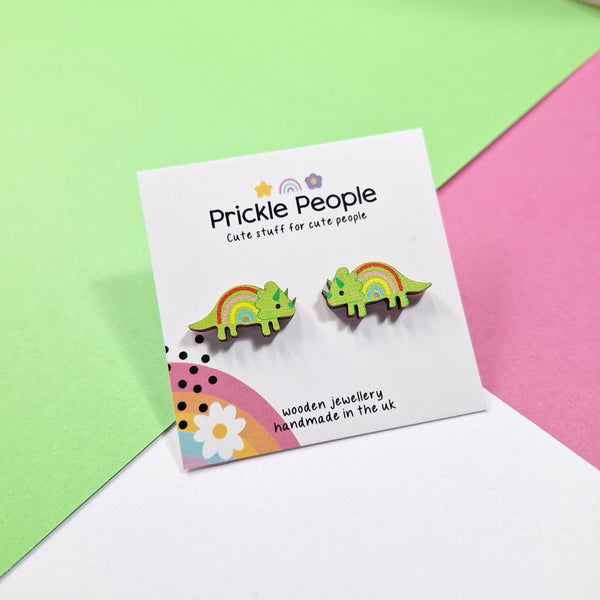 Prickle People - Rainbow Triceratops Stud Earrings Eco Wood
