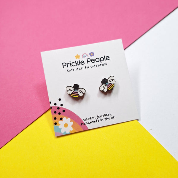 Prickle People - Rainbow bee stud earrings, wood earrings, laser cut
