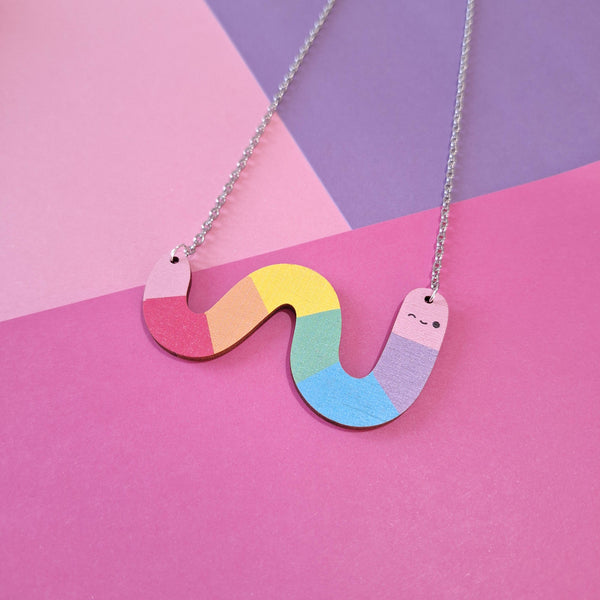 Prickle People - Cute Rainbow Worm Statement Necklace, Wooden Jewellery