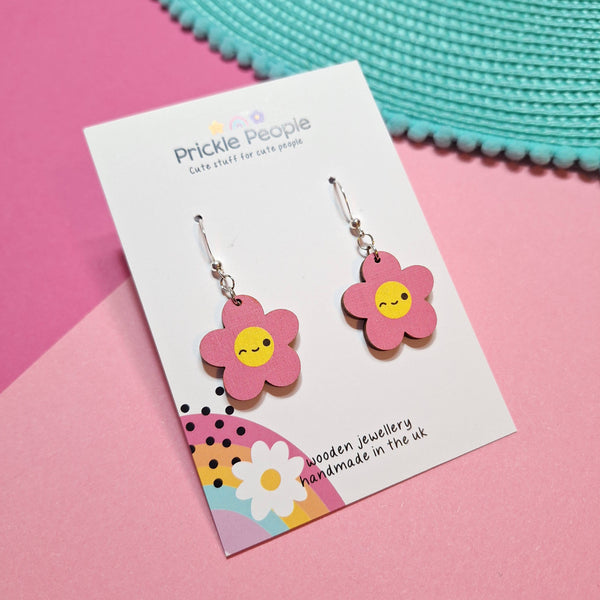 Prickle People - Cute Pink Flower Dangle Earrings, Wooden, Kawaii
