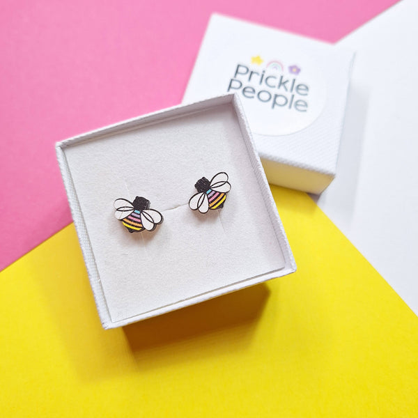 Prickle People - Rainbow bee stud earrings, wood earrings, laser cut