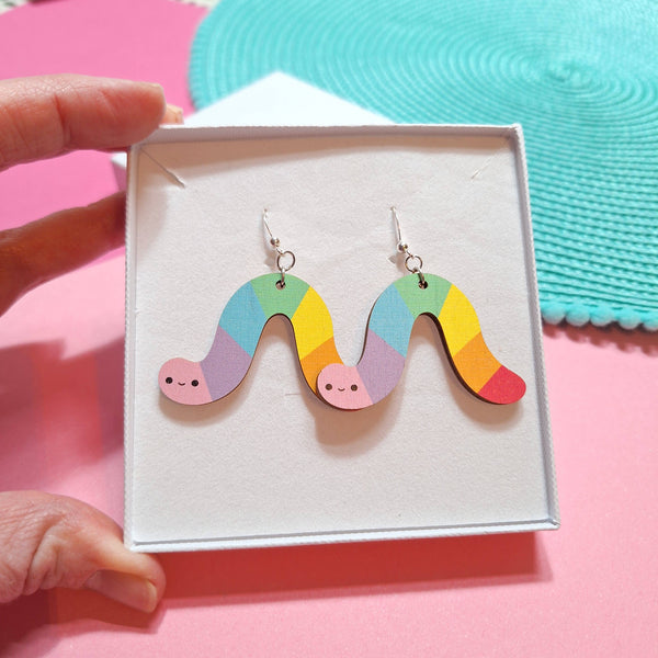 Prickle People - Rainbow Worm Dangle Earrings, Wooden, Cute