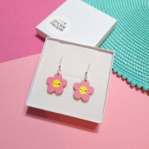 Prickle People - Cute Pink Flower Dangle Earrings, Wooden, Kawaii