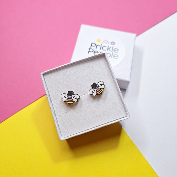 Prickle People - Rainbow bee stud earrings, wood earrings, laser cut