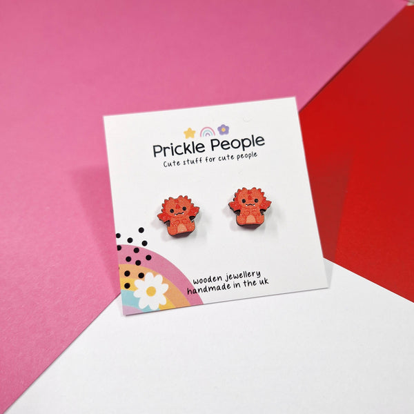 Prickle People - Cute Dragon Stud Earrings - Kawaii Eco Wood Welsh Gift