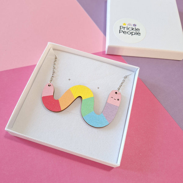 Prickle People - Cute Rainbow Worm Statement Necklace, Wooden Jewellery
