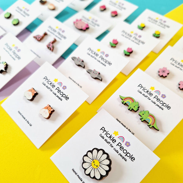 Prickle People - Cute Dragon Stud Earrings - Kawaii Eco Wood Welsh Gift