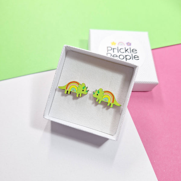 Prickle People - Rainbow Triceratops Stud Earrings Eco Wood