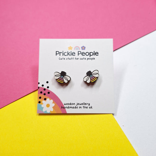 Prickle People - Rainbow bee stud earrings, wood earrings, laser cut