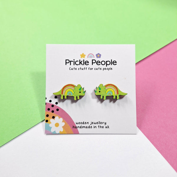 Prickle People - Rainbow Triceratops Stud Earrings Eco Wood