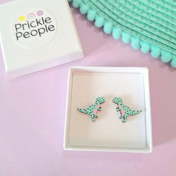 Prickle People - Turquoise Retro T-rex Dinosaur Stud Earrings