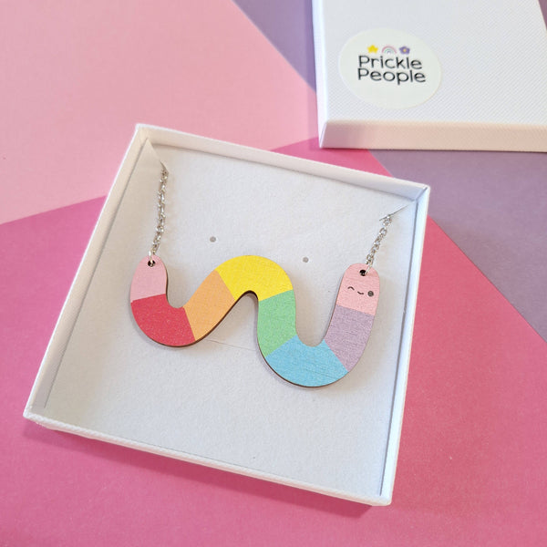 Prickle People - Cute Rainbow Worm Statement Necklace, Wooden Jewellery