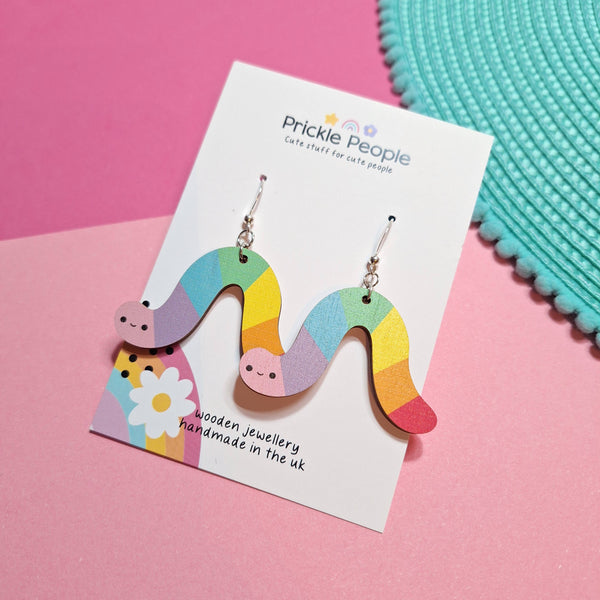 Prickle People - Rainbow Worm Dangle Earrings, Wooden, Cute