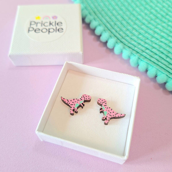 Prickle People - Pink Retro T-rex Dinosaur Stud Earrings