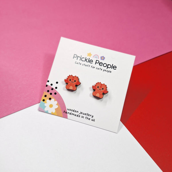Prickle People - Cute Dragon Stud Earrings - Kawaii Eco Wood Welsh Gift
