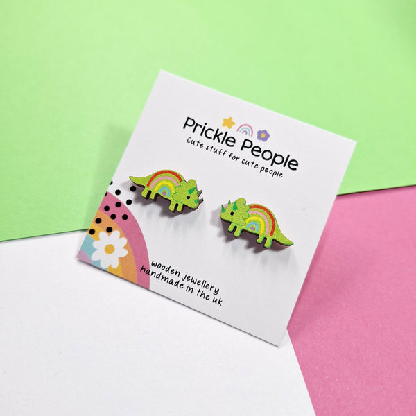 Prickle People - Rainbow Triceratops Stud Earrings Eco Wood