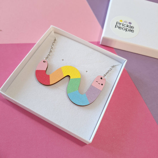 Prickle People - Cute Rainbow Worm Statement Necklace, Wooden Jewellery