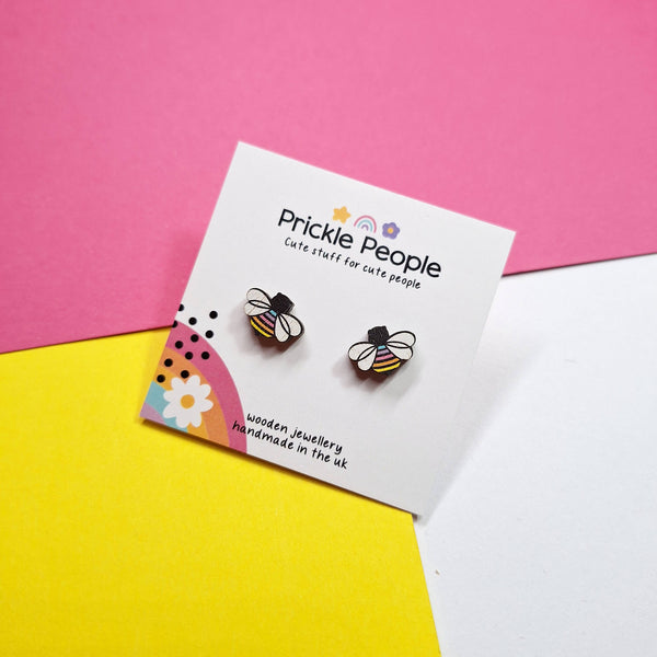 Prickle People - Rainbow bee stud earrings, wood earrings, laser cut