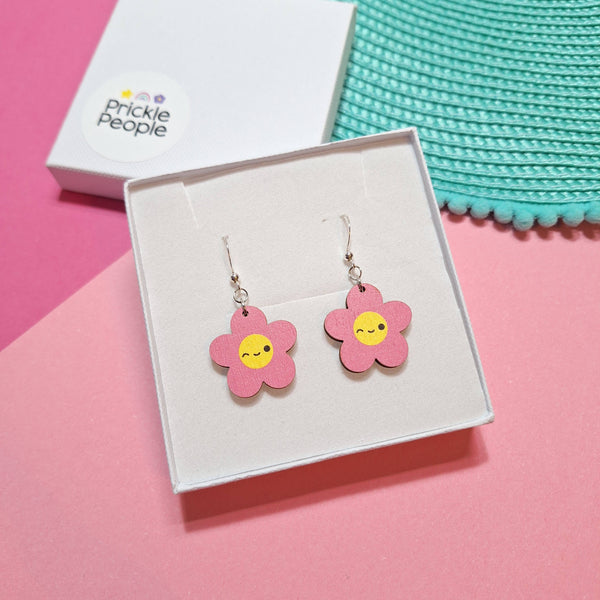 Prickle People - Cute Pink Flower Dangle Earrings, Wooden, Kawaii