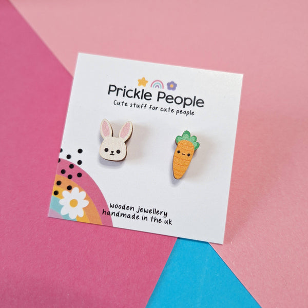 Prickle People - Easter Bunny and Carrot Stud Earrings, Wood Jewelry, Kawaii