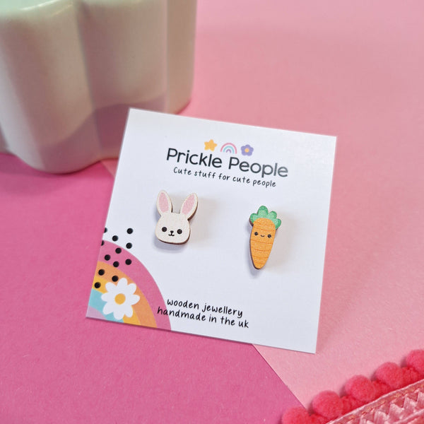 Prickle People - Easter Bunny and Carrot Stud Earrings, Wood Jewelry, Kawaii