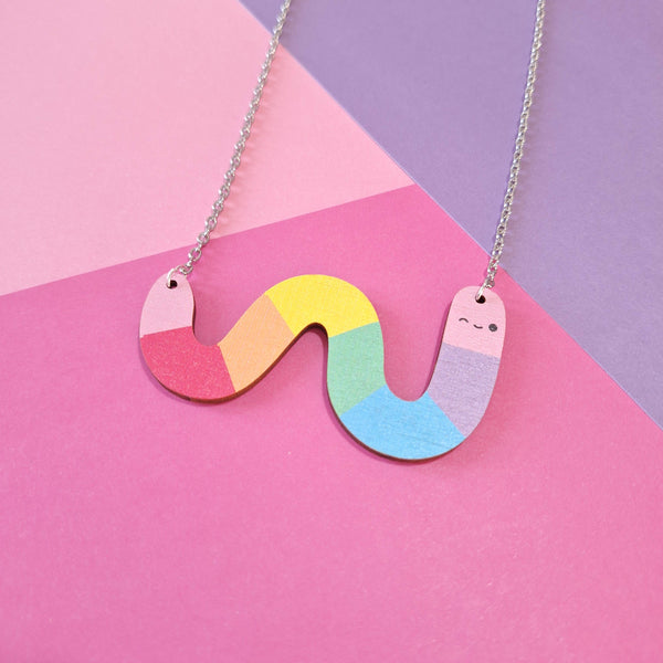 Prickle People - Cute Rainbow Worm Statement Necklace, Wooden Jewellery