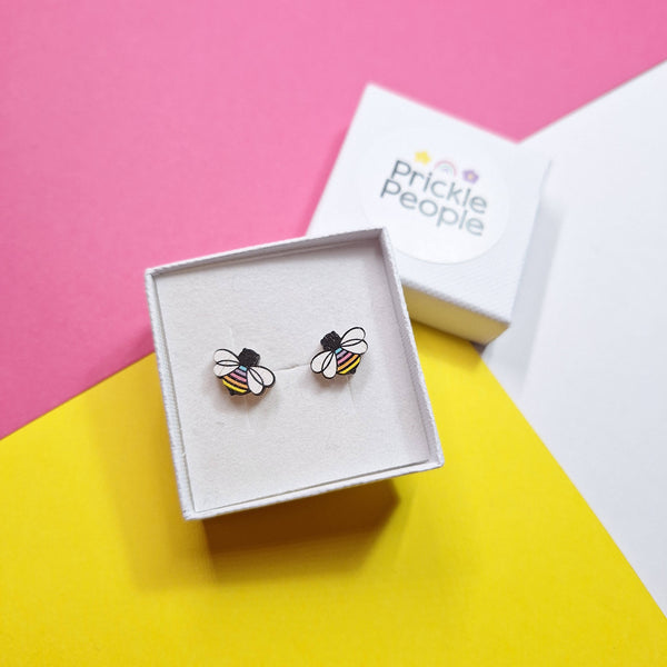 Prickle People - Rainbow bee stud earrings, wood earrings, laser cut