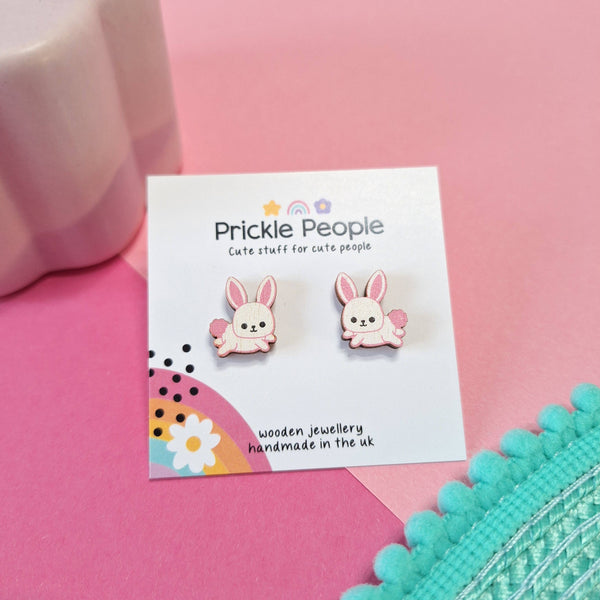 Prickle People - Easter Bunny  Stud Earrings, Wood Jewelry, Kawaii