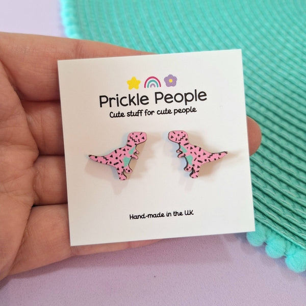 Prickle People - Pink Retro T-rex Dinosaur Stud Earrings