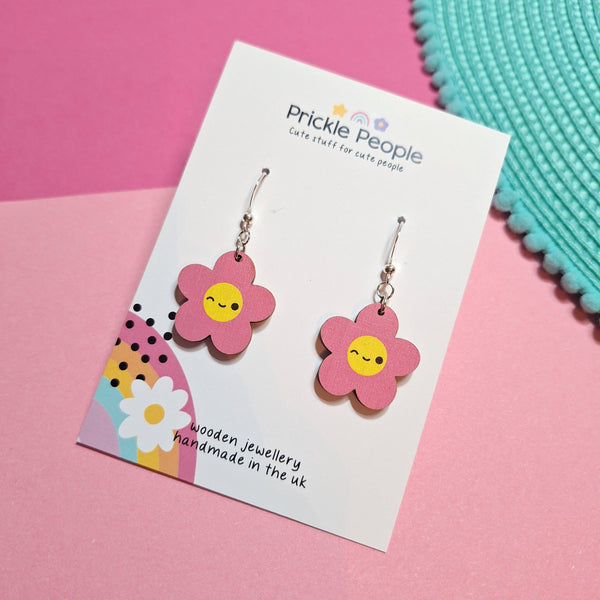 Prickle People - Cute Pink Flower Dangle Earrings, Wooden, Kawaii