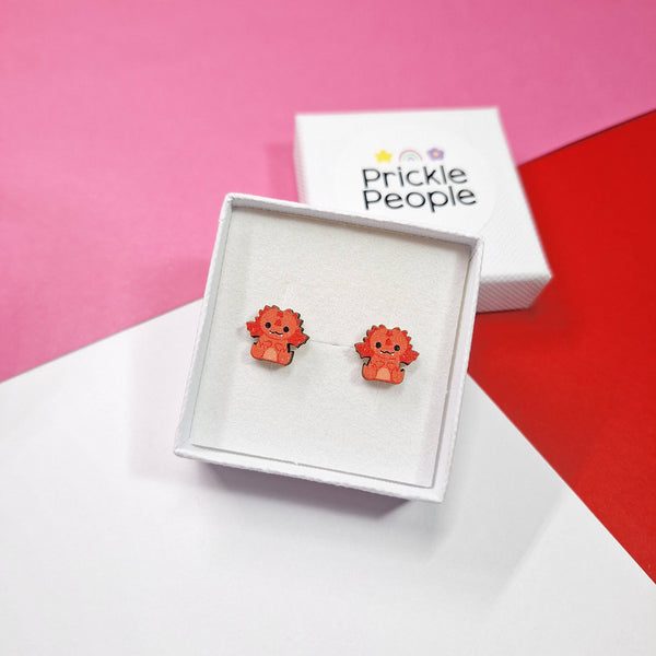 Prickle People - Cute Dragon Stud Earrings - Kawaii Eco Wood Welsh Gift