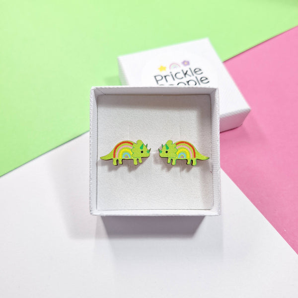 Prickle People - Rainbow Triceratops Stud Earrings Eco Wood