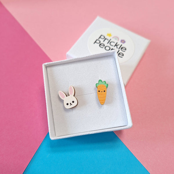 Prickle People - Easter Bunny and Carrot Stud Earrings, Wood Jewelry, Kawaii