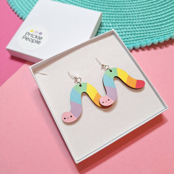 Prickle People - Rainbow Worm Dangle Earrings, Wooden, Cute