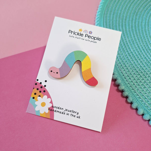 Prickle People - Rainbow Worm Pin Brooch, Wooden Jewellery, Cute