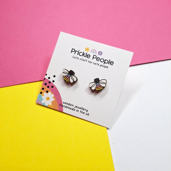 Prickle People - Rainbow bee stud earrings, wood earrings, laser cut