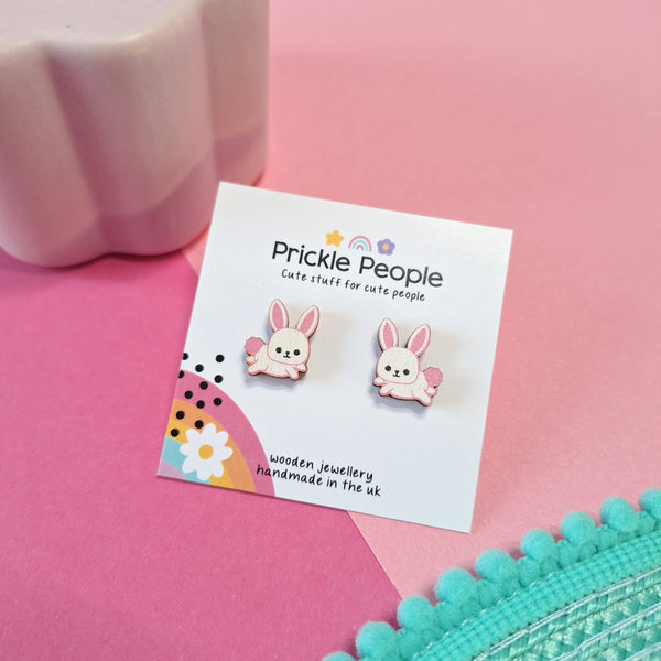 Prickle People - Easter Bunny  Stud Earrings, Wood Jewelry, Kawaii