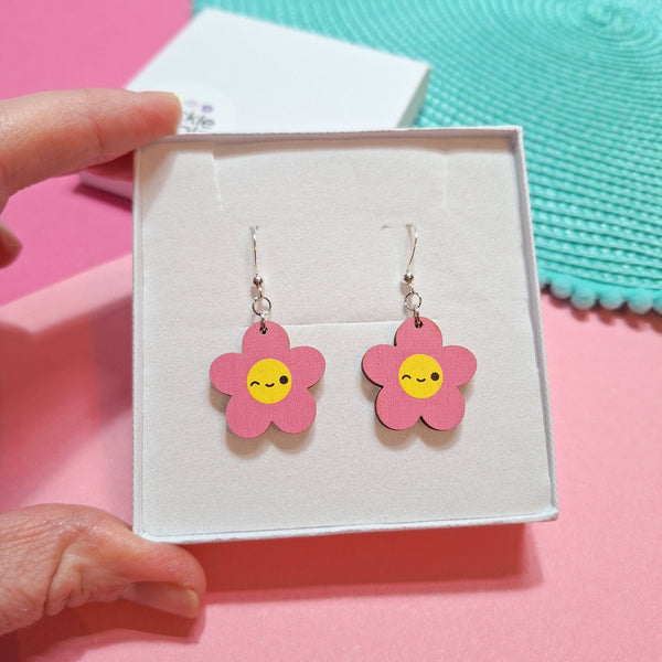 Prickle People - Cute Pink Flower Dangle Earrings, Wooden, Kawaii